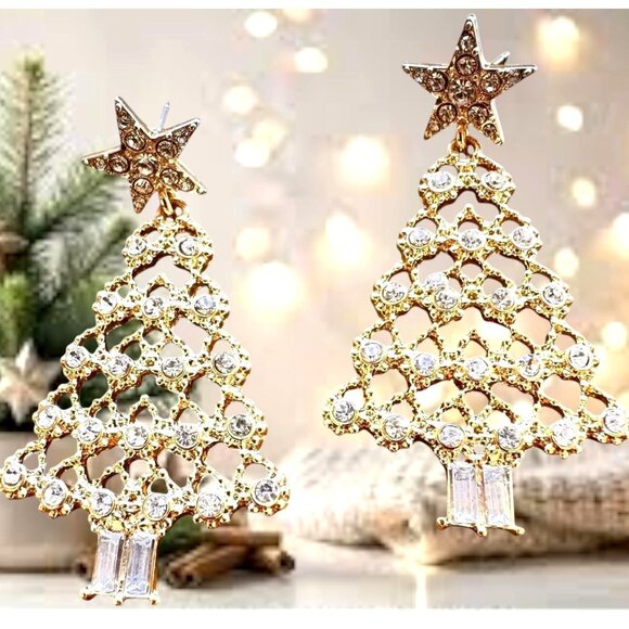 NYC Rockefeller Christmas Tree Earrings Clear Crystals Dangle Star Posts… - Picture 1 of 12